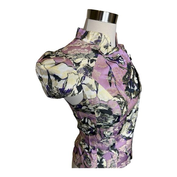 Topshop Asian Floral Jacquard Moto Zip Up Top Jacket Sz 8 Mandarin Collar - Picture 2 of 5